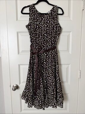 Sandra Darren Brown Midi Dress with White and Green Polka Dots
